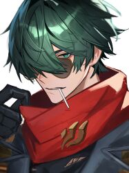 Rule 34 | 1boy, adjusting scarf, bf2xuec6ow98466, black gloves, candy, close-up, food, food in mouth, gloves, green eyes, green hair, highres, jacket, leather, leather jacket, lighter (zenless zone zero), lollipop, male focus, red scarf, scarf, simple background, solo, sunglasses, white background, zenless zone zero