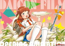 1girl abstract_background aroa&#039;s_foo backpack bag blue_eyes blush brown_hair daicon daicon_bunny_girl daicon_iii daicon_iv daikon eating female_focus food gainaxtop looking_at_viewer missile necktie official_art outline panties pantyshot radish randoseru school_uniform short_hair skirt socks solo sword underwear vegetable weapon white_outline white_panties