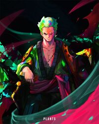 Rule 34 | 1boy, artist name, closed mouth, commentary, cowboy shot, earrings, english commentary, glint, green hair, green kimono, haramaki, japanese clothes, jewelry, kimono, kimono on shoulders, looking at viewer, lv5plant, male focus, one eye closed, one piece, roronoa zoro, sash, scar, scar across eye, scar on face, short hair, solo, stitched torso, stitches