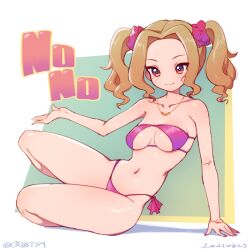 aikatsu! aikatsu!_(series) arm_support bikini character_name daichi_nono green_background hair_ornament hair_scrunchie hairband jewelry leaning_to_the_side long_hair mole mole_under_eye navel necklace orange_eyes pink_bikini pink_scrunchie purple_bikini purple_hairband sabum scrunchie side-tie_bikini_bottom sidelocks sitting swimsuit twintails wavy_hair