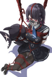 bdsm belt black_hair black_pantyhose bondage bound bound_arms bound_legs breasts crotch_rope dog_mask ellen_joe fins fish_tail highres itou_tatsuya loafers looking_at_viewer mask medium_breasts medium_hair mouth_mask necktie panties panties_under_pantyhose pantyhose pleated_skirt red_eyes restrained sailor_collar school_uniform serafuku shark_girl shark_tail shibari shibari_over_clothes shoes sitting skindentation skirt tail thigh_gap underwear white_panties zenless_zone_zero