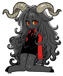 Rule 34 | 1girl, animal ears, animal feet, black fur, black hair, black skirt, black vest, body fur, colored sclera, commentary request, full body, highres, hooves, horizontal pupils, horns, kakke666, kneeling, korean commentary, long hair, looking at viewer, monster girl, original, pencil skirt, red eyes, red shirt, sheep ears, sheep girl, sheep horns, shirt, simple background, skirt, solo, very long hair, vest, white background, yellow sclera