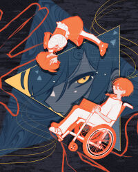 1boy 2girls absurdres collared_shirt commentary_request eye_of_providence frilled_shirt frills fukurai_azami full_body highres honzumaru kisaragi_ayumi limited_palette long_sleeves looking_at_another looking_at_viewer meguriya_ayumu multiple_girls own_hands_together pants profile rotational_symmetry shirt shoes short_hair sitting skirt smile spoilers toshi_densetsu_kaitai_center triangle upside-down wheelchair yellow_eyes