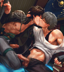 2boys after_ejaculation after_fellatio arm_behind_head armpit_hair armpits black_hair black_tank_top bludwing caelus_(honkai:_star_rail) closed_eyes collarbone cum cum_in_mouth cum_on_body cum_on_penis cum_on_testicles cum_string cum_swap dan_heng_(honkai:_star_rail) earrings erection fingerless_gloves foreskin french_kiss glans gloves grey_hair highres honkai:_star_rail honkai_(series) jacket jewelry kiss long_sleeves male_focus male_pubic_hair multiple_boys navel nipples open_clothes open_jacket pectorals penis pubic_hair shirt short_hair tank_top testicles trailblazer_(honkai:_star_rail) white_shirt yaoi
