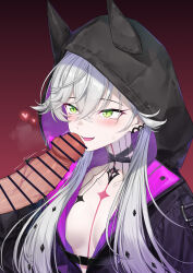 1boy 1girl black_jacket blush body_markings breasts censored choker coffeekite crossed_bangs demon_girl demon_horns ear_piercing erection fate/grand_order fate_(series) green_eyes grey_hair hetero highres hood horns jacket lilith_(fate) lilith_(first_ascension)_(fate) long_hair long_sleeves low_twintails penis piercing smile twintails