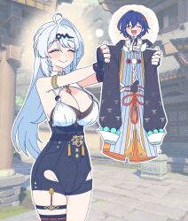 2girls ^_^ ahoge belle_(delicate_sunlight)_(zenless_zone_zero) belle_(zenless_zone_zero) blue_hair breasts cleavage closed_eyes cowboy_shot dress hair_between_eyes hair_ornament high-waist_shorts highres holding holding_cloth holding_unworn_clothes large_breasts letter_hair_ornament long_hair multiple_girls orange_dress parangmuru shorts single_hair_intake single_thighhigh smile speech_bubble thighhighs thought_bubble white_background yin_yang_pin yixuan_(zenless_zone_zero) zenless_zone_zero