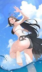 1girl absurdres alternate_costume arm_up ass barefoot bikini black_bikini black_hair black_halo blue_archive blue_sky blush breasts cloud cloudy_sky day eyelashes feet foot_out_of_frame hair_ornament halo highres jueun2817 kneepits large_breasts legs long_hair looking_at_viewer outdoors red_eyes rio_(blue_archive) side-tie_bikini_bottom sky soles solo standing standing_on_one_leg swimsuit thighs toes very_long_hair water