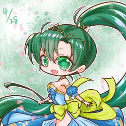 1girl blue_dress bow chibi dress dress_bow earrings fire_emblem fire_emblem:_the_blazing_blade green_bow green_eyes green_hair griffonmask11 high_ponytail highres jewelry long_hair lyn_(fire_emblem) nintendo open_mouth ponytail side_slit smile strapless strapless_dress tiara