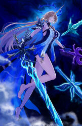 Rule 34 | 1girl, absurdres, ahong, bare legs, bare shoulders, barefoot, black collar, blonde hair, blue eyes, blue hair, breasts, closed mouth, collar, colored inner hair, commentary, crown of thorns, earrings, fleurdelys (wuthering waves), floating, floating earrings, floating object, floating sword, floating weapon, full body, highres, holding, holding sword, holding weapon, horns, jewelry, large breasts, legs, long hair, long horns, multicolored hair, multiple swords, pointy ears, single horn, solo, sword, tabard, very long hair, weapon, white tabard, wuthering waves, yellow horns