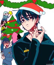 3boys 3girls abcd888888889 alien_stage bad_id bad_twitter_id baseball_cap bite_mark bite_mark_on_neck black_eyes black_hair black_hoodie blank_eyes blue_hat blue_sweater christmas christmas_tree closed_mouth cup decorating_christmas_tree disposable_cup fang fang_out garland_(decoration) hat hickey highres holding holding_cup hood hoodie hyuna_(alien_stage) ivan_(alien_stage) long_sleeves luka_(alien_stage) male_focus mizi_(alien_stage) multiple_boys multiple_girls name_tag paperclip red_pupils santa_hat solo_focus sua_(alien_stage) surprised sweater till_(alien_stage)