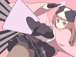1girl brown_hair card female_focus gloves hat holding holding_card itsumo_nokoru long_hair neon pantyhose pink_eyes sigma_harmonics solo tsukiyumi_neon