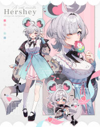 1girl absurdres ahoge aqua_pupils artist_name black_ribbon black_shoes blue_skirt bow breasts buttons candy chibi chinchilla_(animal) chinchilla_ears chinchilla_girl chinchilla_tail coat color_guide food grey_coat grey_hair grey_nails hair_bow hair_ornament hairpin heart heart-shaped_eyes hen-tie highres holding holding_candy holding_food holding_lollipop jewelry kneehighs lollipop one_eye_closed open_clothes open_coat open_mouth original pink_bow pink_nails ribbon ring scar scar_on_neck shoes skirt socks tail tail_ornament tail_ribbon tongue two-tone_nails white_socks
