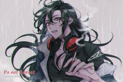 1boy ahoge alternate_costume alternate_hairstyle alternate_universe artist_name black_choker black_hair black_shirt blue_jacket choker chromatic_aberration cigarette collarbone collared_shirt contemporary earrings fingernails floating_hair grey_background grey_eyes hair_between_eyes hair_down hand_up headphones headphones_around_neck highres holding holding_cigarette jacket jewelry korean_commentary long_hair looking_at_viewer male_focus messy_hair modao_zushi nave_mdzs o-ring o-ring_choker off_shoulder open_clothes open_collar open_jacket parted_lips rain sharp_fingernails shirt sidelocks signature simple_background smoke smoking solo twitter_username upper_body wei_wuxian wet wet_hair