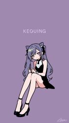 1girl ameniwa anklet armlet bare_shoulders black_dress character_name commentary cone_hair_bun double_bun dress english_commentary frilled_bracelet genshin_impact hair_bun hair_ornament hair_ribbon high_heels highres jewelry keqing_(genshin_impact) long_hair nail_polish purple_background purple_hair ribbon signature simple_background sleeveless sleeveless_dress solo twintails very_long_hair