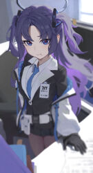 1girl black_gloves black_jacket blue_archive blue_eyes blue_hair blue_necktie blurry chiyo_kami closed_mouth collared_shirt commentary_request depth_of_field gloves halo highres indoors jacket long_hair long_sleeves looking_at_viewer mechanical_halo necktie off_shoulder open_clothes open_jacket pout shirt solo standing two_side_up white_shirt yuuka_(blue_archive)