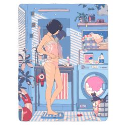 1girl absurdres animal aorkgk basin black_hair window_blinds border bottle bra cat clock from_side hair_dryer highres indoors laundry_basket mirror navel open_mouth original panties pink_panties plant potted_plant reflection shelf sink towel underwear washing_machine weighing_scale white_border