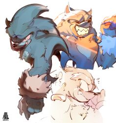 1boy aioles animal_ears blue_fur blush bracelet clenched_hand closed_eyes closed_mouth commentary fingernails fluffy furry furry_male green_eyes grin hand_on_another&#039;s_head highres jewelry looking_at_viewer male_focus multiple_views sharp_fingernails sharp_teeth simple_background smile sonic_(series) sonic_the_hedgehog sonic_the_werehog sonic_unleashed teeth werehog white_background