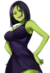 1girl banjo-kazooie black_dress black_hair breasts cleavage colored_skin commentary_request dress eyeshadow green_skin gruntilda_winkybunion hands_on_own_hips highres large_breasts lipstick makeup open_mouth red_eyes red_eyeshadow short_hair simple_background sleeveless sleeveless_dress smile solo tsumikitsuki_(katsuobushi) white_background
