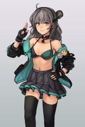 1girl absurdres bikini brown_hair choker commentary commission english_commentary fingerless_gloves girls&#039;_frontline gloves grey_eyes headset highres honey_badger_(girls&#039;_frontline) jacket jewelry kneehighs nail_polish necklace open_clothes open_jacket pin sardine_(feshtail) skirt smile smiley_face socks swimsuit victory_pose