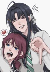 ahoge awa_subaru beret black_hair black_hat brown_hair collared_shirt commentary diagonal-striped_clothes diagonal-striped_necktie girls_band_cry green_necktie gyaru_v hair_ribbon hat highres iseri_nina long_hair long_sleeves low_twintails necktie one_eye_closed open_mouth parted_bangs purple_eyes ribbon shirt short_hair short_twintails simple_background sparkle spoken_squiggle squiggle striped_clothes sweatdrop symbol-only_commentary twintails v w_(juusepx) white_background white_ribbon white_shirt
