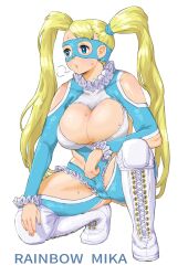 Rule 34 | 1girl, blonde hair, blue eyes, boots, breasts, cleavage cutout, clothing cutout, commentary request, full body, highres, huge breasts, long hair, looking to the side, rainbow mika, solo, squatting, street fighter, street fighter zero (series), twintails, very long hair, wakaho riku, wrestling mask, wrestling outfit
