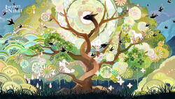 abstract animal artist_request bird black_bird blue_sky bush copyright_name day dragon flower grass highres infinity_nikki logo nikki_(series) no_humans official_art official_wallpaper outdoors pink_flower second-party_source simple_bird sky tree water_drop white_flower