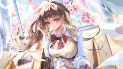 Rule 34 | 1girl, absurdres, blush, bow, bowtie, breasts, brown eyes, brown hair, bubble, chair, cherry blossoms, closed mouth, collared shirt, desk, fangwan, highres, holding, holding letter, jewelry, large breasts, letter, long hair, long sleeves, love letter, necklace, original, pencil case, phone, pink petals, red bow, red bowtie, school chair, school desk, school uniform, shirt, striped bow, striped bowtie, striped clothes, sweater vest, white shirt, window, yellow sweater vest