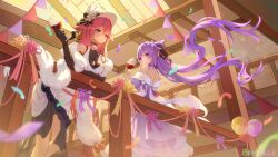 2girls absurdres against_railing alcohol animal_ear_piercing animal_ears arm_rest arm_under_breasts artist_name balloon bare_shoulders benzi_li black_dress black_gloves breasts bunting closed_mouth commentary_request cone_hair_bun cup diamond-shaped_pupils diamond_(shape) dress drinking_glass elbow_gloves feather_boa feet_out_of_frame floating_hair fox_ears fox_girl from_below genshin_impact gloves hair_bun hair_ornament hat hat_feather highres holding holding_cup indoors keqing_(genshin_impact) keqing_(resplendent_feast)_(genshin_impact) large_breasts long_hair looking_at_viewer looking_back multiple_girls off-shoulder_dress off_shoulder official_alternate_costume parted_lips pink_hair purple_dress purple_eyes purple_hair railing smile standing streamers symbol-shaped_pupils twintails two-tone_dress very_long_hair vision_(genshin_impact) white_dress white_hat wine wine_glass yae_miko yae_miko_(resplendent_feast)