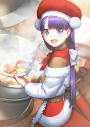 1girl :d apron bandana bandana_around_neck belt blue_eyes blush bow bowl brown_belt brown_shirt chef_hat cooking cowboy_shot fate/grand_order fate_(series) food from_above from_side fur-trimmed_skirt fur_trim game_cg hair_bow hand_blush hat high_collar holding holding_bowl holding_food holding_ladle ladle long_hair long_sleeves looking_at_viewer looking_back low-tied_long_hair martha_(fate) martha_(santa)_(fate) off-shoulder_shirt off_shoulder official_art open_mouth parted_bangs pom_pom_(clothes) puffy_long_sleeves puffy_sleeves purple_hair red_bandana red_hat red_skirt sakamoto_mineji santa_costume shirt shirt_under_shirt skirt smile solo soup steam third-party_source white_apron white_bow
