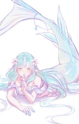 1girl absurdres aqua_eyes aqua_hair bikini blue_tail finger_to_mouth fins flower hair_flower hair_ornament head_fins highres horns liliantsai0417 long_hair lying mermaid monster_girl nail_polish on_stomach original parted_lips scales shushing simple_background single_horn swimsuit tail tail_flower tail_ornament tail_raised white_background