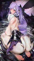 1girl ahoge anus artist_name ass back black_bow blush bow breasts closed_mouth commentary curly_hair fanbox_username from_behind hair_ribbon highres huge_breasts large_breasts long_hair looking_back nipples parasol patreon_username pink_eyes pink_lips pointy_ears purple_hair purple_ribbon purple_skirt ribbon seiza shirt shoulder_blades sitting skirt solo thighs twitter_username umbrella vivian_banshee water white_shirt zenless_zone_zero zynxy