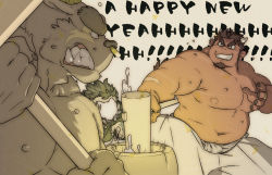 3boys abs animal_ears asterius_(housamo) bara blush brown_fur character_request clenched_teeth cow_ears cow_horns dark-skinned_male dark_skin eye_contact facial_hair food frown furry furry_male goatee hakama hakama_skirt horns japanese_clothes kine large_pectorals looking_at_another male_focus mallet mature_male minotaur mochi multiple_boys muscular muscular_male navel navel_hair nipples nose_piercing nose_ring oyama_soil_(osansyoup) pectorals piercing protagonist_5_(housamo) short_hair sideburns skirt stomach sweat teeth tetsuox_(housamo) thick_eyebrows tokyo_houkago_summoners topless_male