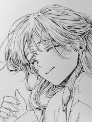 1girl absurdres blush choppy_bangs closed_eyes closed_mouth commentary_request fingernails graphite_(medium) half_updo highres kaoru_hana_wa_rin_to_saku light_smile long_hair long_sleeves lying mikami_saka monochrome official_art on_side photo_(medium) profile shirt sleeping solo split_mouth traditional_media waguri_kaoruko wavy_hair