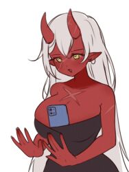 1girl absurdres akumi_(yoclesh) bare_shoulders black_dress breasts cellphone cleavage collarbone colored_skin dress ear_piercing earrings highres iphone jewelry large_breasts lipstick long_hair looking_to_the_side makeup multiple_scars oni open_mouth phone piercing pointy_ears red_skin scar scar_on_arm scar_on_chest scar_on_face scar_on_horns sky_above_me smartphone smile solo standing strapless strapless_dress very_long_hair vyugen white_background yellow_eyes