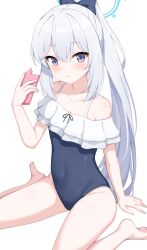 1girl absurdres bare_shoulders barefoot blue_archive blue_bow blue_one-piece_swimsuit blush bow cellphone collarbone commentary covered_navel enru expressionless frilled_one-piece_swimsuit frills hair_bow halo highres holding holding_phone long_hair looking_at_viewer miyako_(blue_archive) miyako_(swimsuit)_(blue_archive) off-shoulder_one-piece_swimsuit off_shoulder official_alternate_costume one-piece_swimsuit parted_lips phone ponytail purple_eyes sideways_glance simple_background sitting smartphone solo swimsuit thighs tsurime very_long_hair wariza white_background white_hair