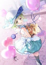 1girl :d alternate_costume back balloon bare_shoulders black_thighhighs blue_flower blue_rose blush bouquet bow commentary_request cy6n flower green_eyes green_hair green_skirt hair_over_shoulder hat heart_balloon highres holding holding_bouquet komeiji_koishi looking_at_viewer open_mouth pink_flower pink_rose rose second-party_source short_hair skirt smile solo thighhighs third_eye touhou white_bow white_hat yellow_flower yellow_rose