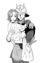 2boys aged_down apron bag carrying char_aznable child child_carry epaulettes eye_mask gloves greyscale gundam gundam_gquuuuuux helmet high_collar highres hug jacket long_sleeves looking_at_viewer male_focus military_jacket military_uniform monochrome multiple_boys open_mouth plastic_bag ryqjmery5m57024 shirt short_hair shuji_ito simple_background spring_onion waist_apron white_background