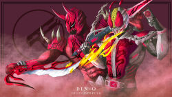 Rule 34 | 2boys, belt, dengasher sword mode, giganticbrush, highres, horns, kamen rider, kamen rider den-o, kamen rider den-o (series), logo, male focus, momotaros, multiple boys, red eyes, smile, solo, standing, sword, sword form, weapon