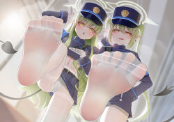 2girls absurdres atom_b blue_archive blush demon_tail feet green_hair hat highres hikari_(blue_archive) licking_lips long_hair looking_at_viewer multiple_girls nozomi_(blue_archive) open_mouth panties panties_under_pantyhose pantyhose pantyshot soles tail toes tongue tongue_out twintails underwear upskirt white_pantyhose yellow_eyes