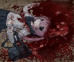 1girl bag black_eyes blood blood_splatter brain death exposed_brain expressionless guro highres long_hair lying on_back original pink_hair pool_of_blood ppj705904378810 school_bag school_uniform serafuku solo tile_floor tiles twintails