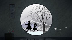 2girls bare_tree cirno detached_wings dress endlesscat grey_sky highres ice ice_wings letty_whiterock mountain multiple_girls outstretched_hand plant reflection scenery silhouette sky snow snowflakes snowing touhou tree walking wide_shot window wings winter