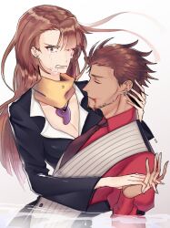 absurdres ace_attorney angry bad_id bad_pixiv_id blood catuoon closed_eyes crying diego_armando formal_clothes godot_(ace_attorney) highres holding_hands magatama mia_fey necktie scarf tears