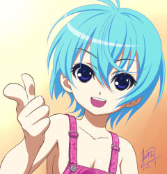 1girl armpits blue_hair collarbone female_focus foreshortening mcq naked_overalls no_bra open_mouth original overalls pointing purple_eyes short_hair solo