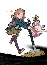Rule 34 | 1girl, angel wings, bib, black thighhighs, blush, bow, brown hair, cleaning, closed eyes, danganronpa (series), danganronpa 2: goodbye despair, ear bow, galaga, hair ornament, highres, holding, holding mop, hood, jacket, long sleeves, mary janes, medium hair, mop, nanami chiaki, neck ribbon, open mouth, pink ribbon, pink shoes, pink skirt, pleated skirt, rabbit, ribbon, shoes, skirt, thighhighs, usami (danganronpa), wand, white background, wings, youko-shima