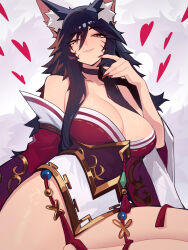 1girl ahri_(league_of_legends) animal_ears bare_shoulders black_choker black_hair breasts brown_eyes choker cleavage closed_mouth commentary curvy distr dress english_commentary facial_mark fox_ears fox_girl fox_tail hair_between_eyes heart highres kitsune korean_clothes kyuubi large_breasts league_of_legends long_hair long_sleeves looking_at_viewer multiple_tails pussy red_dress red_nails simple_background solo tail thighs whisker_markings white_background