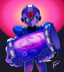 2boys android armor blonde_hair blue_armor blue_helmet closed_eyes closed_mouth forehead_jewel gloves green_eyes guutara head_only helmet holding holding_detached_head looking_at_viewer mega_man_(series) mega_man_x_(series) multiple_boys ponytail red_helmet robot robot_ears signature two-tone_background white_gloves x_(mega_man) zero_(mega_man)