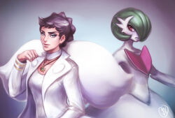 2girls blue_eyes bob_cut brown_hair colored_skin creatures_(company) diantha_(pokemon) game_freak gardevoir gen_3_pokemon green_hair hair_over_one_eye highres jacket jewelry john_dimayuga mega_gardevoir mega_pokemon multiple_girls necklace nintendo pink_eyes pokemon pokemon_(creature) pokemon_xy shirt smile white_jacket white_shirt white_skin