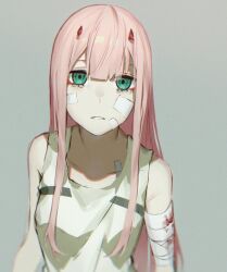 Rule 34 | 1girl, 23i2ko, bags under eyes, bandaged arm, bandages, blood, bloody bandages, blue eyes, blunt bangs, breasts, darling in the franxx, from above, grey background, hair over shoulder, horns, long hair, looking at viewer, pink hair, simple background, solo, tank top, upper body, very long hair, white tank top, zero two (darling in the franxx)