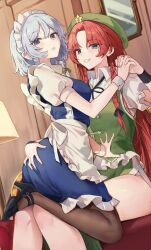 2girls apron black_pantyhose blue_eyes blue_hair braided_sidelock breasts dress frilled_dress frills hat high_heels highres hong_meiling izayoi_sakuya long_hair looking_at_viewer maid maid_apron maid_headdress medium_breasts medium_hair multiple_girls open_mouth pantyhose purple_eyes red_hair revision sarukana shoes sitting sitting_on_person tam_o&#039;_shanter teeth touhou very_long_hair vest wrist_cuffs yuri