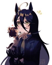2girls agnes_tachyon_(umamusume) ahoge animal_ears artist_name black_coat black_gloves black_shirt brown_hair closed_eyes coat collared_shirt ear_tag earrings gloves hair_between_eyes hands_up highres holding holding_mini_person horse_ears horse_girl horse_tail jewelry kiss kissing_cheek lab_coat long_bangs long_hair long_hair_between_eyes manhattan_cafe_(umamusume) mini_person minigirl mujintou_png multiple_girls necktie open_clothes open_coat shirt short_hair simple_background single_earring tail umamusume very_long_hair white_background white_coat yellow_eyes yellow_necktie